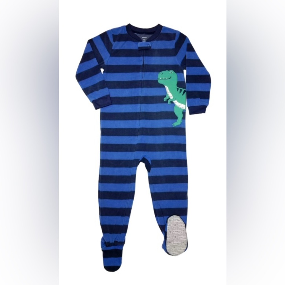 Carter’s | blue with green dinosaur fleece one piece footie pyjama